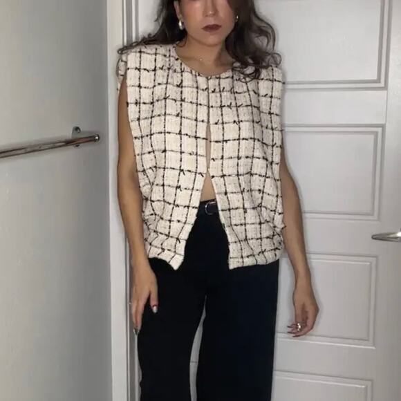 English Factory White Black Tweed Vest Boulce XL Boxy Oversized Designer $210 - Picture 10 of 10